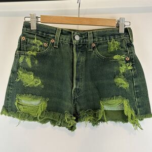 Vintage Levis Jean Shorts 501 Size 28 Green Denim Button Fly Cutoff Made In USA